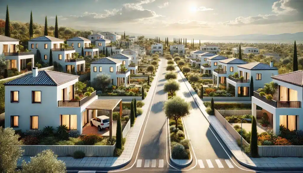 Realistic illustration of the residential area with single-storey houses designed in a human-centric approach. The homes feature modern architecture